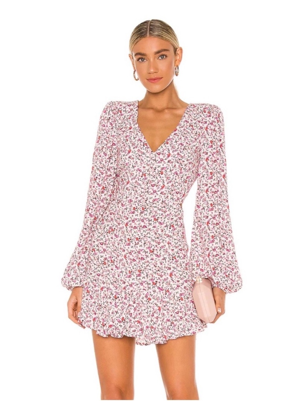 Revolve AFRM Floral V-Neck Long Sleeve Mini Dress - cutout detail, size small